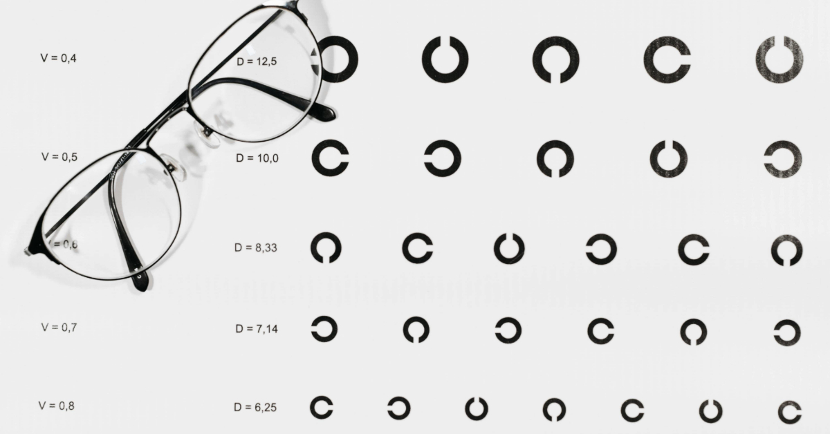 eyeglasses on a white eye test paper