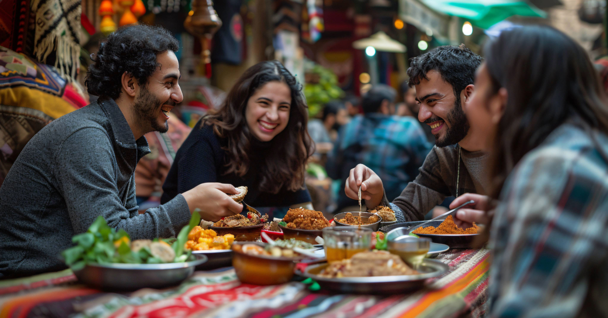 Group of friends eating biriyani and side dishes