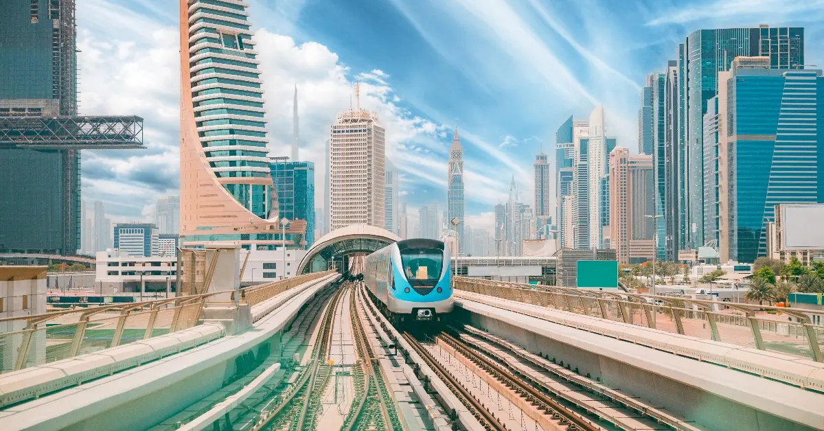 train rides among glass skyscrapers in Dubai