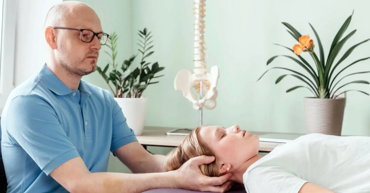 Chiropractor performing spinal adjustment in a modern clinic setting