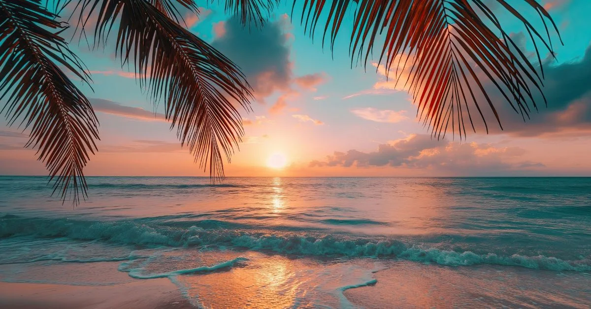 Beach shore with palm trees embellishing the sunset scene