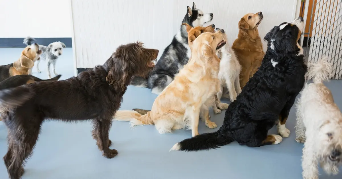 Diverse dogs waiting patiently at a doggie daycare