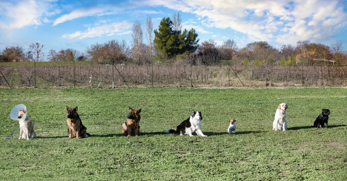 Group of dogs sitting in a field
