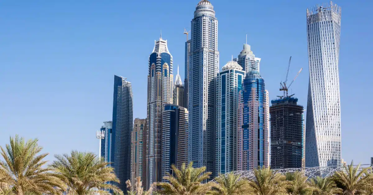 Skyscrapers and palm trees in dubai
