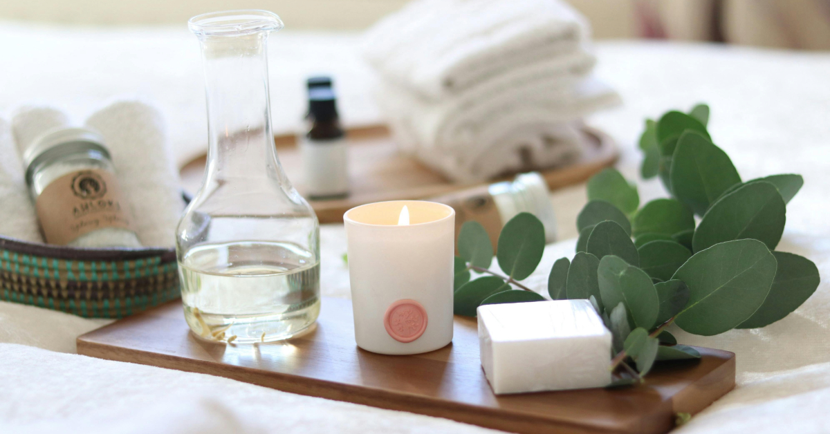 Spa items on a wooden tray