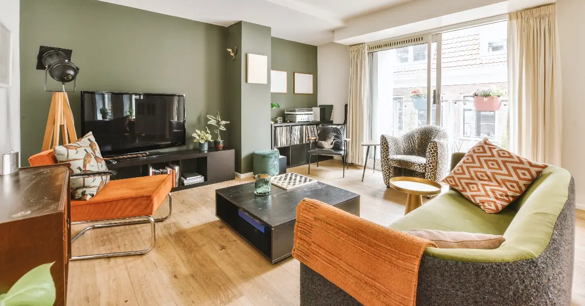 Studio apartment interior with wooden furniture