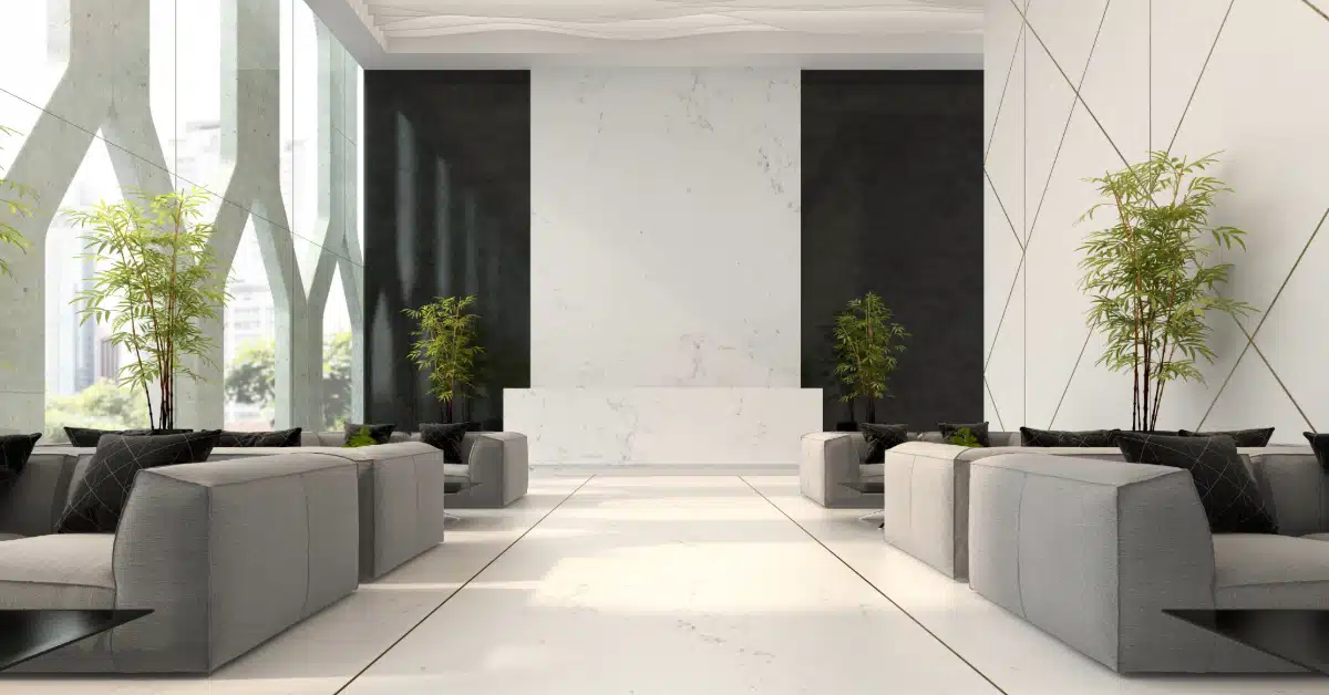 modern mall corridor with seating areas