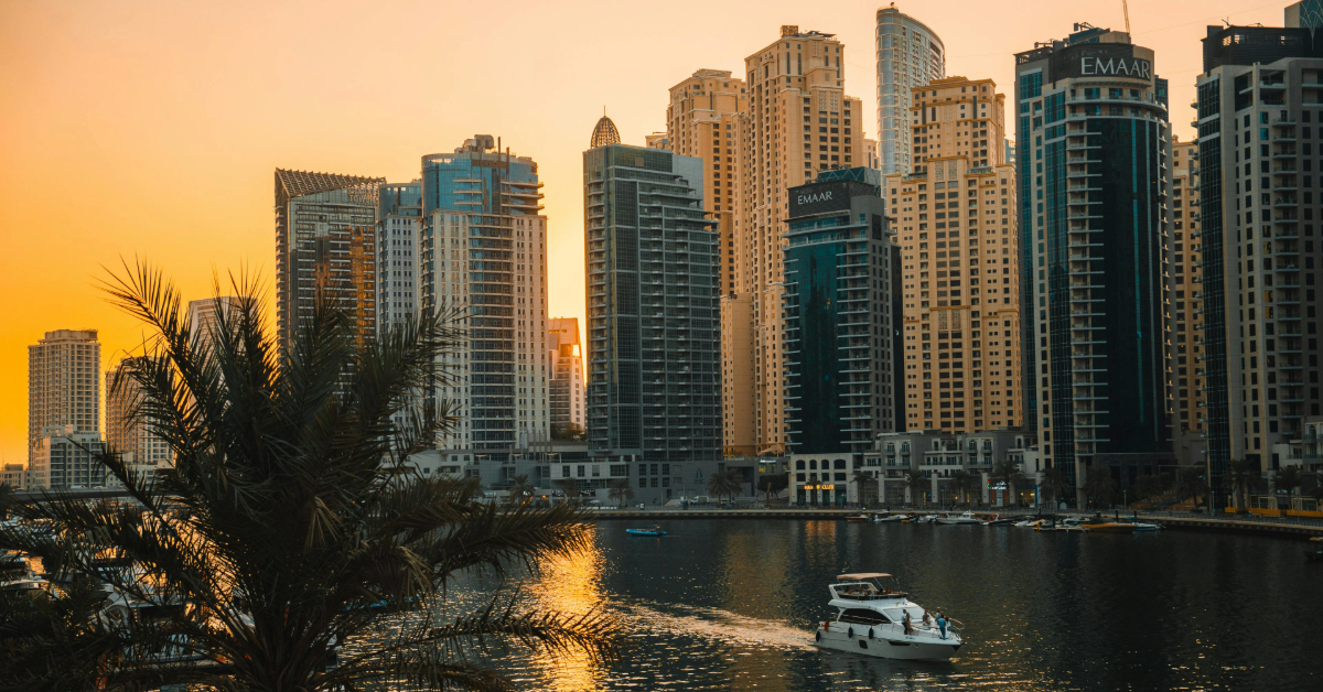 Dubai Marina skyscrapers at sunset