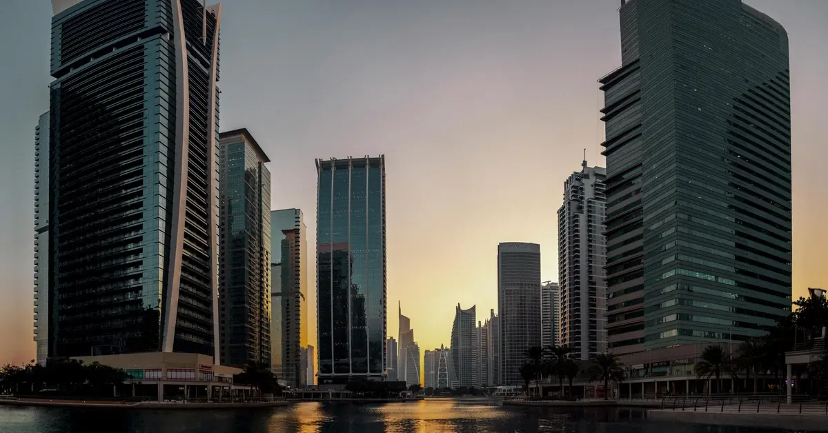 Dubai skyscrapers at sunset