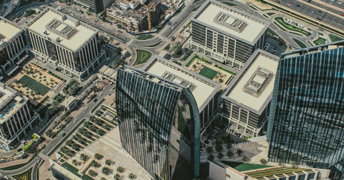 Aerial view of Dubai’s city buildings