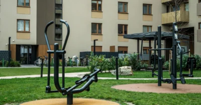 Outdoor gym equipment in a residential area