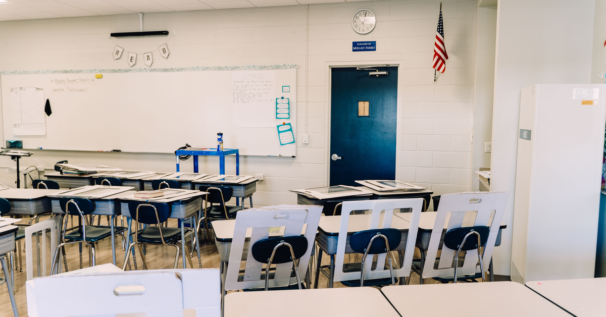Classroom in a school with an American flag