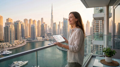 A woman looking at Dubai's skyline with joy because of stabilizing rent prices