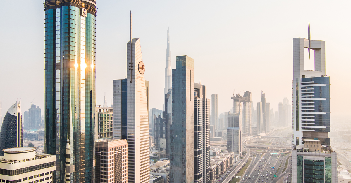 Dubai skyline in sunset time