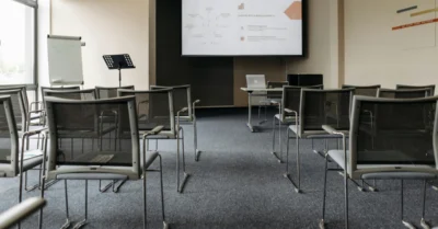 Modern classroom with a projector screen