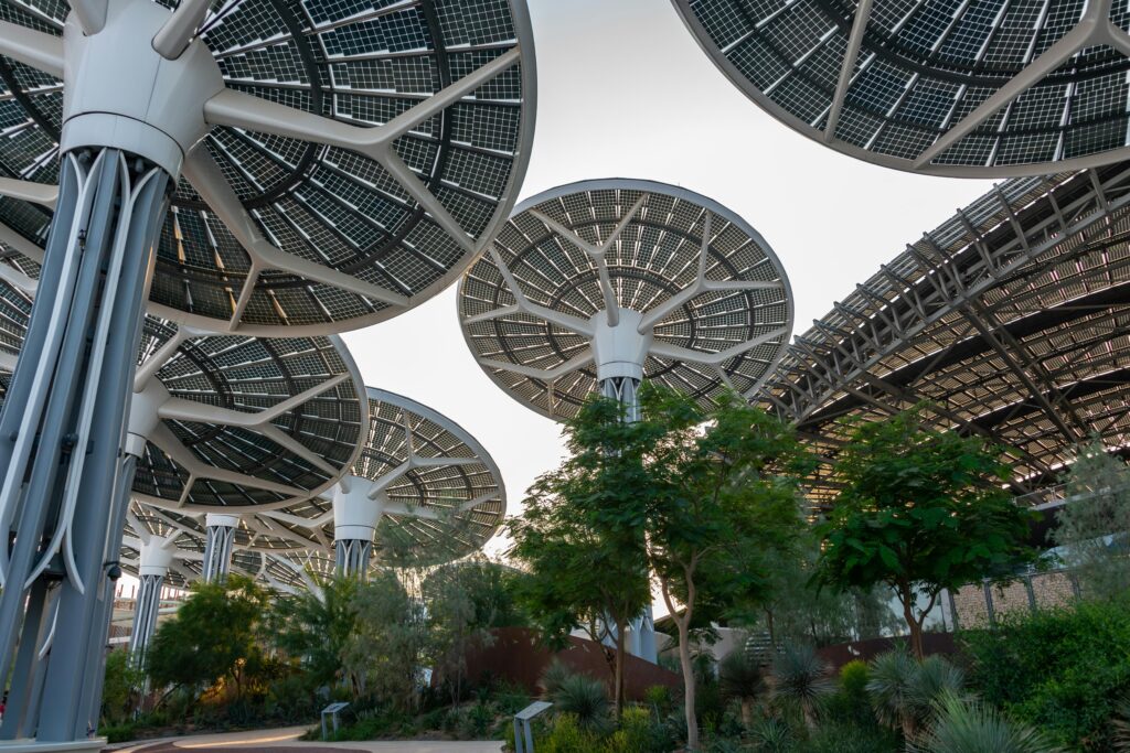 Solar panel structures in Dubai's Sustainable City, representing innovative eco-friendly architecture and renewable energy initiatives in the region.