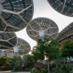 Solar panel structures in Dubai's Sustainable City, representing innovative eco-friendly architecture and renewable energy initiatives in the region.