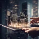 Hands holding a digital tablet displaying a futuristic city model, symbolizing the integration of IoT and smart technologies in urban development and smart home trends.