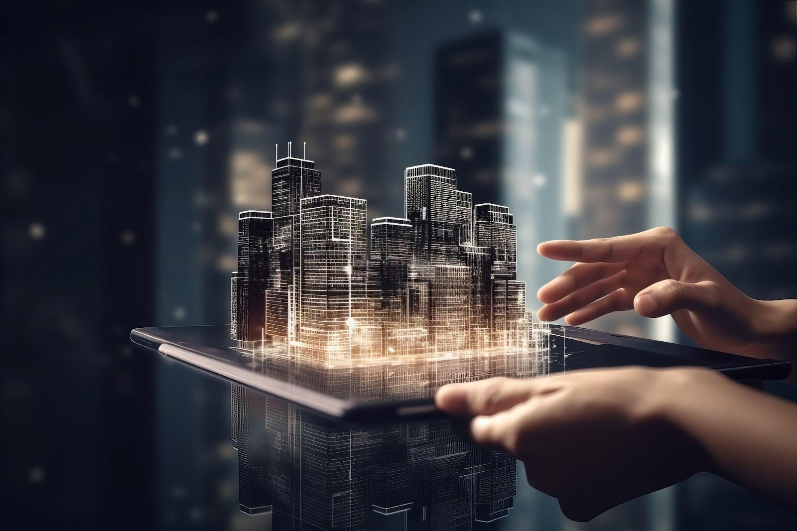 Hands holding a digital tablet displaying a futuristic city model, symbolizing the integration of IoT and smart technologies in urban development and smart home trends.
