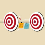 Illustration of an arrow moving through targets toward a lightbulb with a flag on top, symbolising goal achievement and idea generation; the arrow is lined with colourful notes representing steps or milestones.