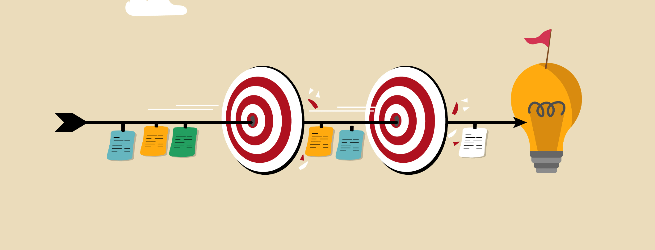Illustration of an arrow moving through targets toward a lightbulb with a flag on top, symbolising goal achievement and idea generation; the arrow is lined with colourful notes representing steps or milestones.