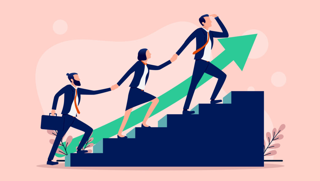 Illustration of a business leader guiding two colleagues up a staircase toward an upward-pointing arrow, symbolising a shared vision and agency growth.