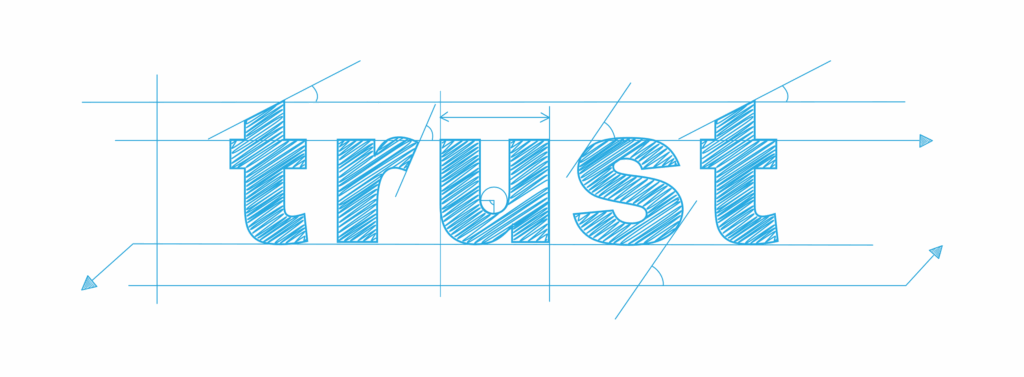 Blueprint-style illustration of the word “trust,” symbolising that true visibility is about building credibility, not vanity.