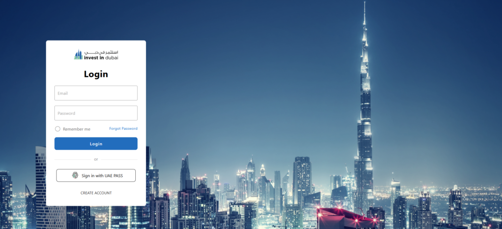 Screenshot of the “Invest in Dubai” Department of Economic Development portal’s name-reservation login page, showing email and password fields beside a night-time Dubai skyline with the illuminated Burj Khalifa.