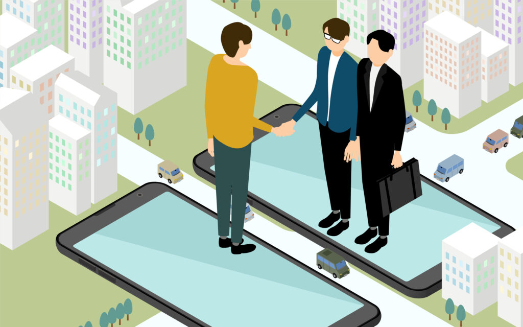Illustration of business professionals shaking hands while standing on oversized smartphones, symbolising digital networking and the power of referral connections in a modern urban real estate environment.