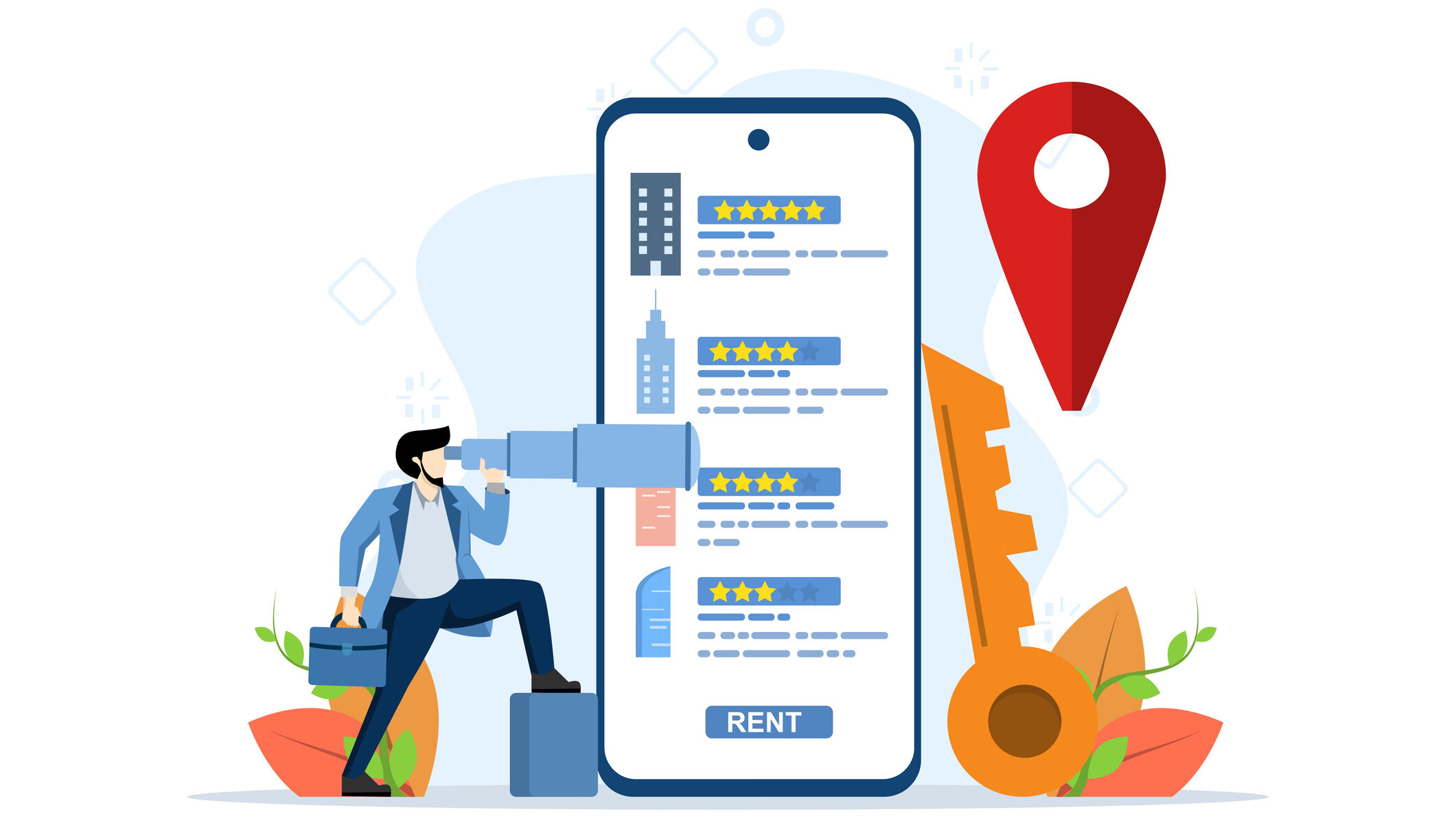 Illustration of a real estate agent using a telescope to view rental listings on a large smartphone screen, with location and key icons symbolising targeted and strategic client communication.