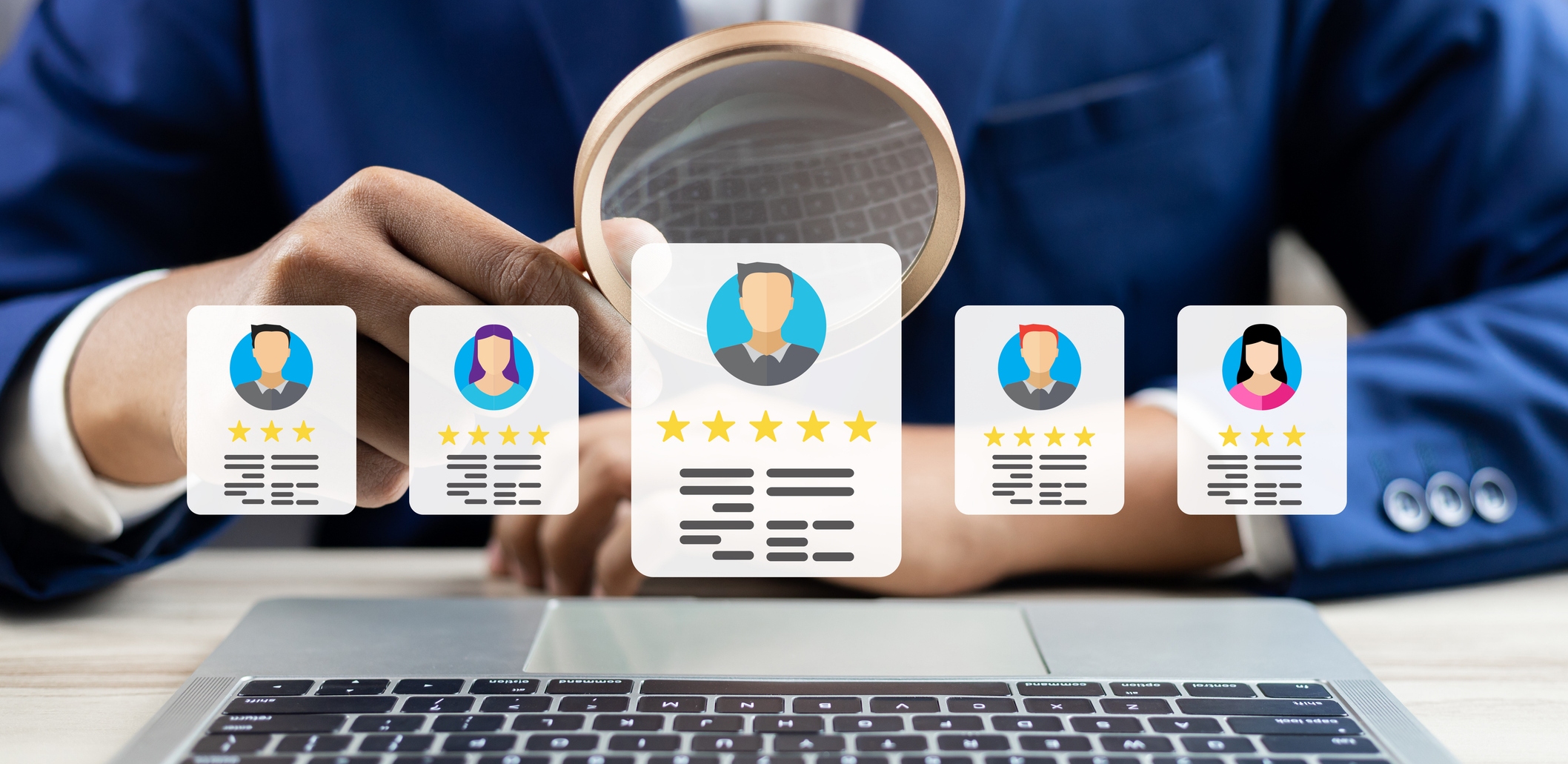 Businessperson in a blue suit holding a magnifying glass over a laptop, with illustrated candidate profiles and star ratings displayed in a virtual interface, representing digital recruitment and talent evaluation.