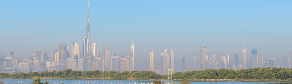 breathtaking view of Dubai skyline from Ras Al Khor, where urban architecture meets nature. Dubai iconic skyscrapers, including Burj Khalifa, contrast with the peaceful wetlands of Dubai