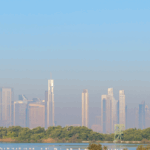 breathtaking view of Dubai skyline from Ras Al Khor, where urban architecture meets nature. Dubai iconic skyscrapers, including Burj Khalifa, contrast with the peaceful wetlands of Dubai