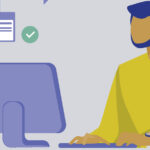 Illustration of a real estate professional managing online communication and digital presence on a computer.