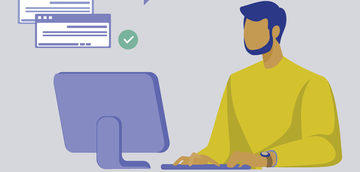 Illustration of a real estate professional managing online communication and digital presence on a computer.