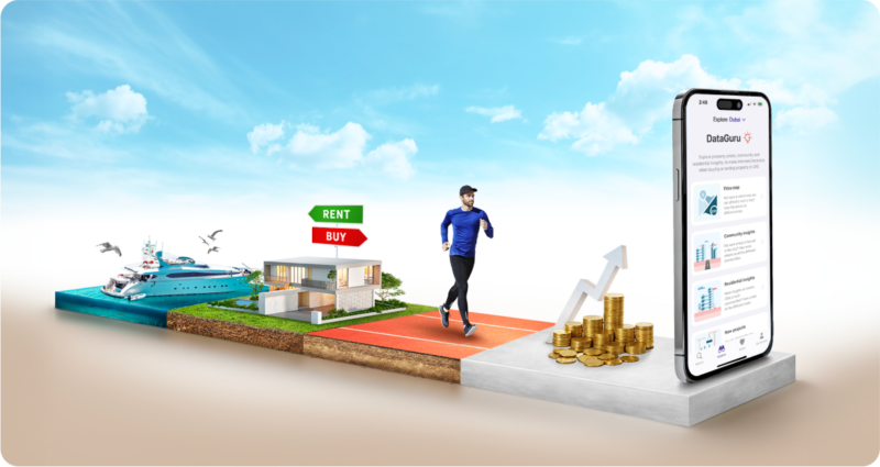 Property Finder Data Guru tool illustration showing real estate insights for Dubai agents, including rent vs buy analysis, community data, and market trends.