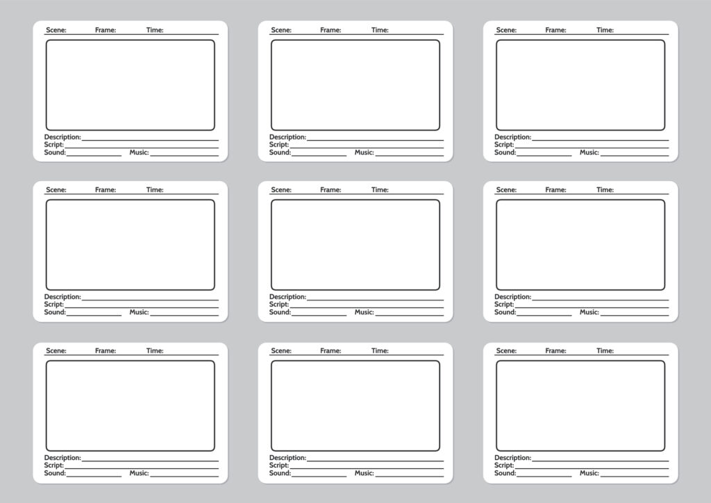Example 9 panel story board template with room to paste images and write a description and other details in preparation for filming a real estate video tour.