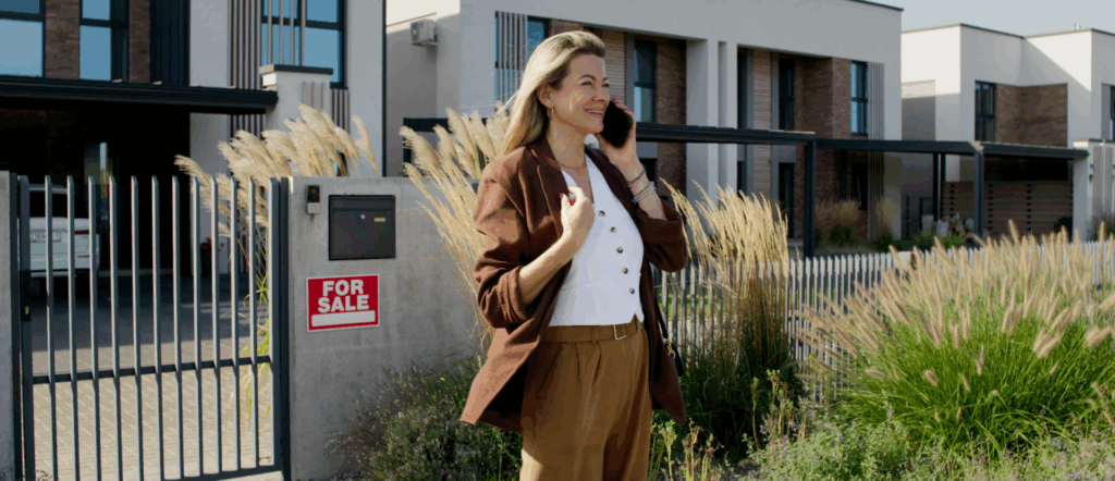 Real estate agent talking on the phone in front of a modern house with a for sale sign, symbolizing property viewings and client follow-up in the UAE real estate process.