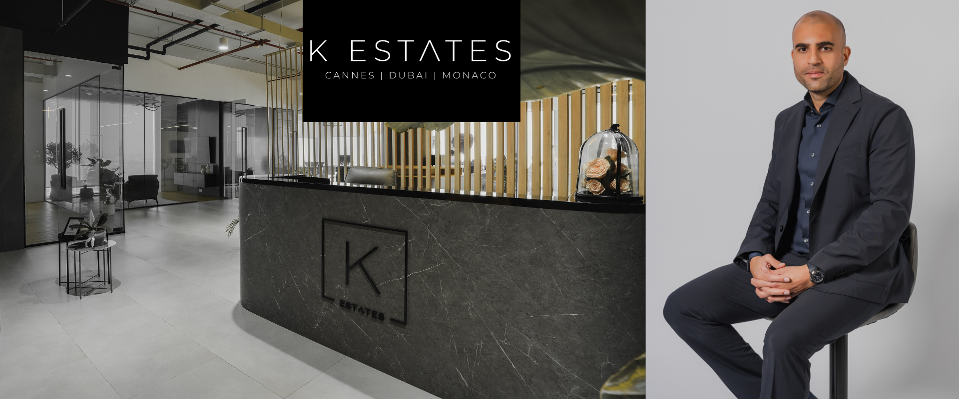 Hero banner for article on selling off-plan real estate, showing K Estates Dubai reception area with logo and owner, Khaled El Sherif seated on a stool against a light grey background.