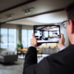 Real estate agent using a tablet to capture professional property photos inside a modern Dubai apartment for personal branding and listings.