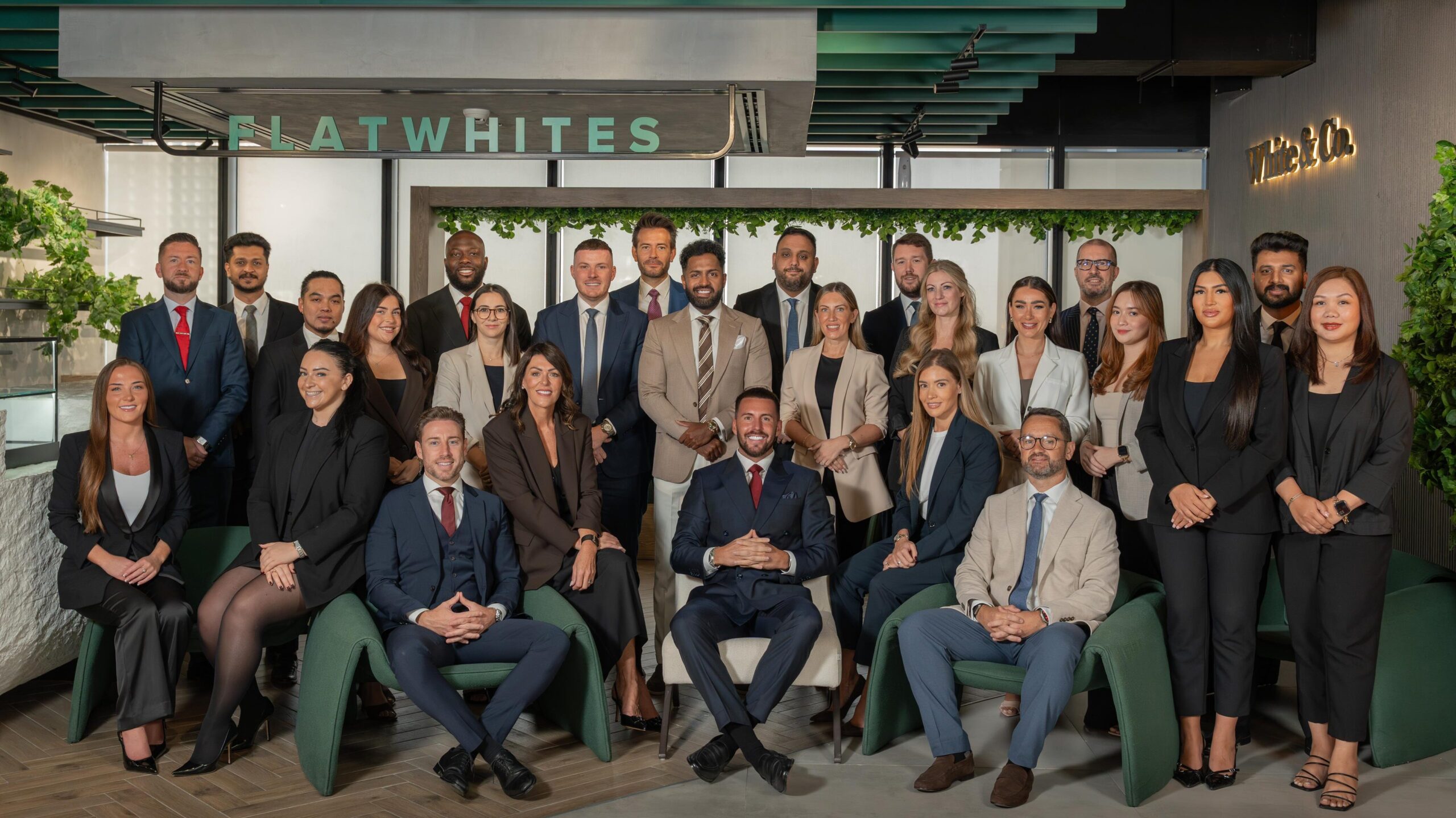 High-performing Dubai real estate brokerage team at White & Co, showcasing strong leadership, visible performance culture, and a structured environment that supports broker growth, accountability, and long-term agency success.