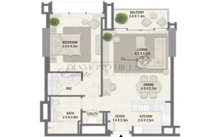 2D Floor Plan image for: Apartment - 1 Bedroom - 1 Bathroom for sale in Design Quarter Tower A - Design Quarter - Dubai Design District - Dubai, Image 1