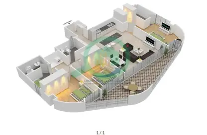 3D Floor Plan image for: Apartment - 3 Bedrooms - 3 Bathrooms for sale in MEERA Shams - Shams Abu Dhabi - Al Reem Island - Abu Dhabi, Image 1